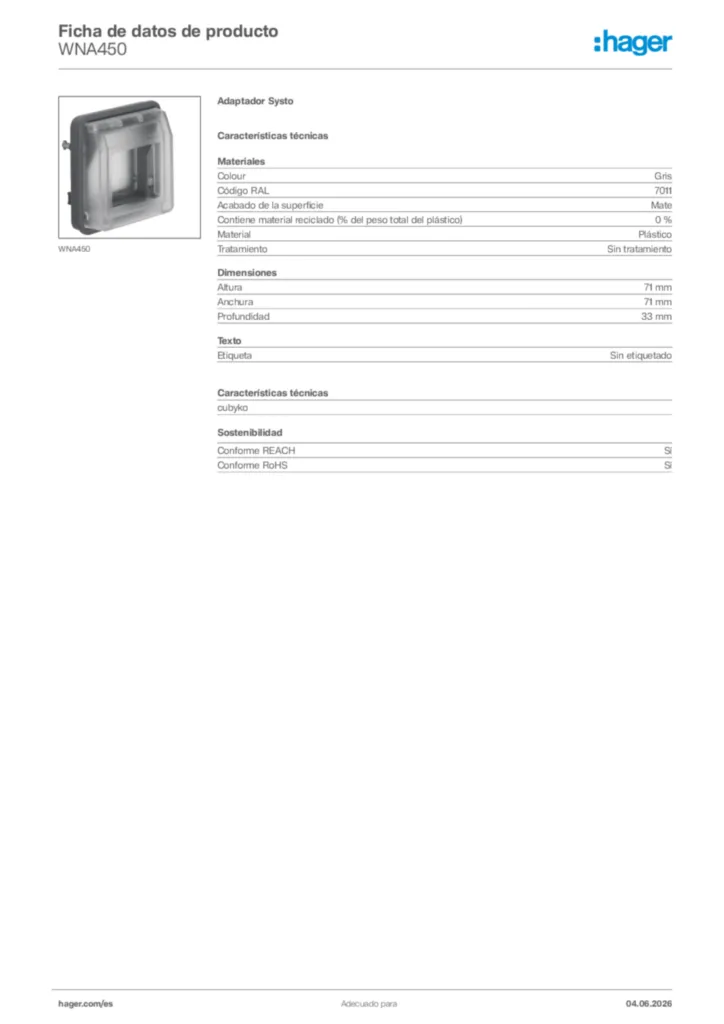 Imagen Hager Ficha de datos de producto WNA450 | Hager España