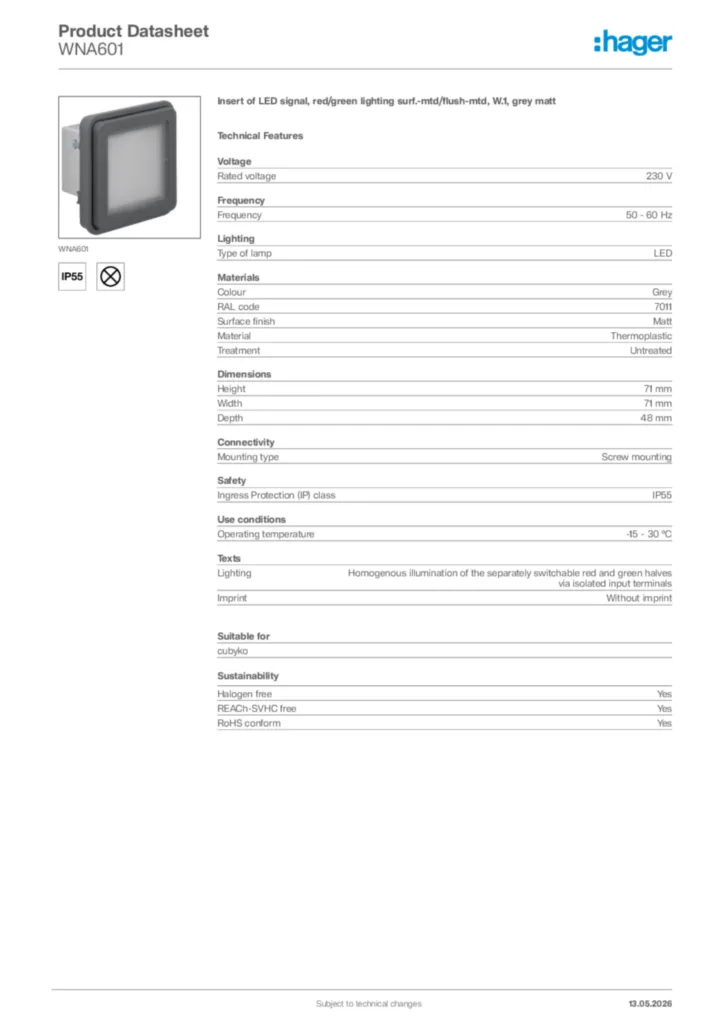 Image Hager Product data sheet WNA601  | Hager Africa