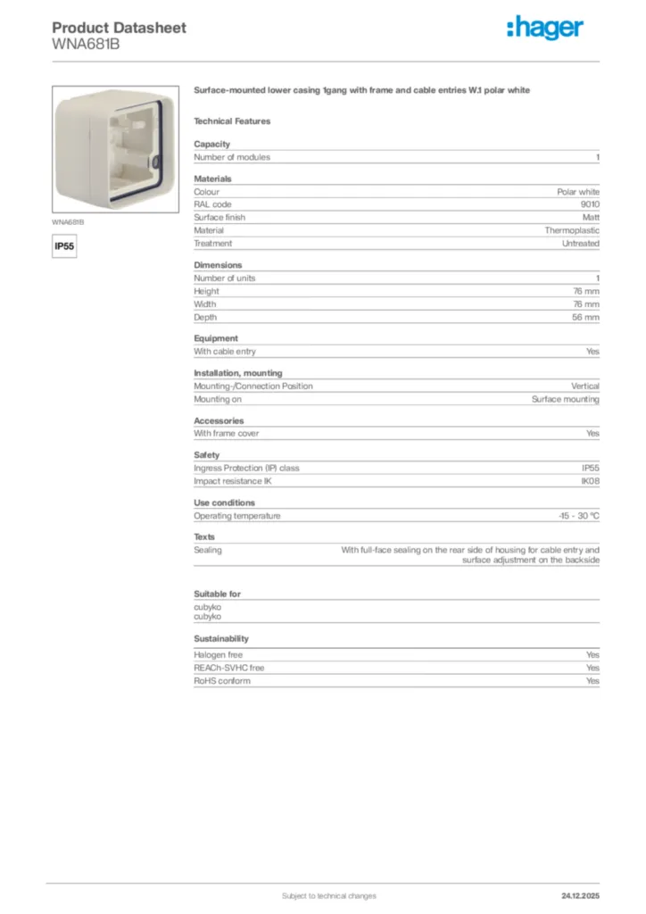 Image Hager Product data sheet WNA681B  | Hager Africa