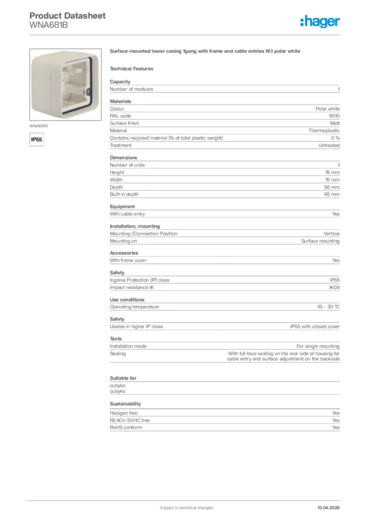 Image Hager Product data sheet WNA681B  | Hager Africa