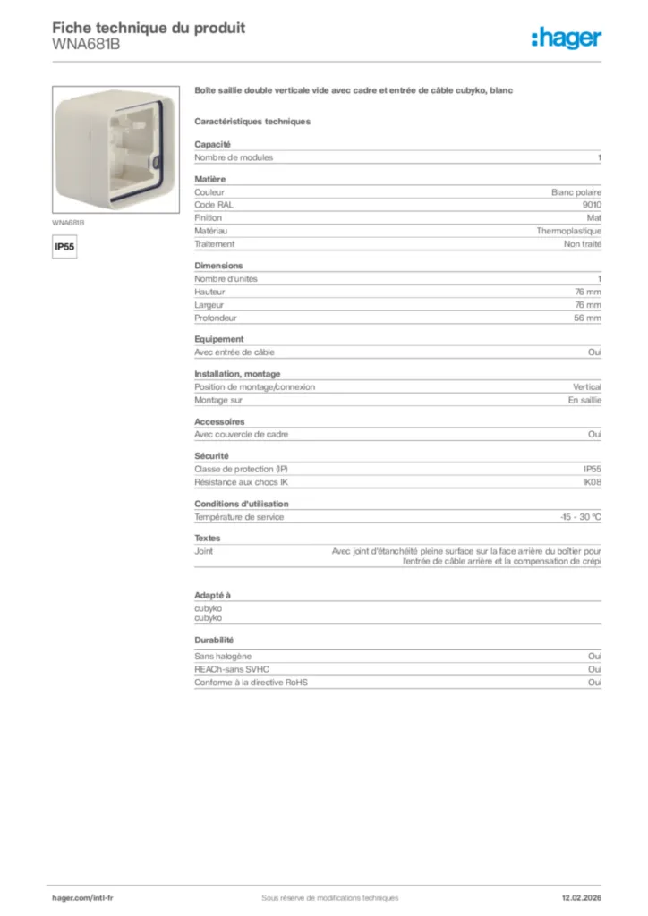 Image Hager Fiche technique du produit WNA681B | Hager Afrique