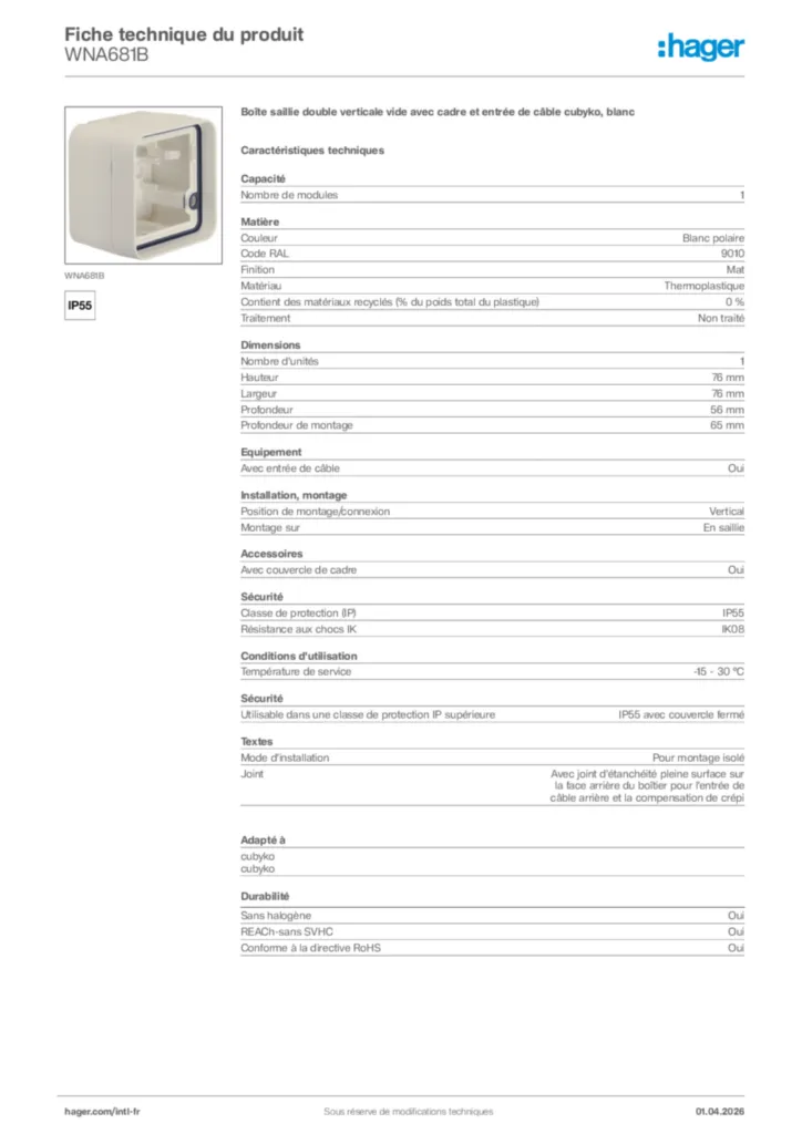 Image Hager Fiche technique du produit WNA681B | Hager Afrique