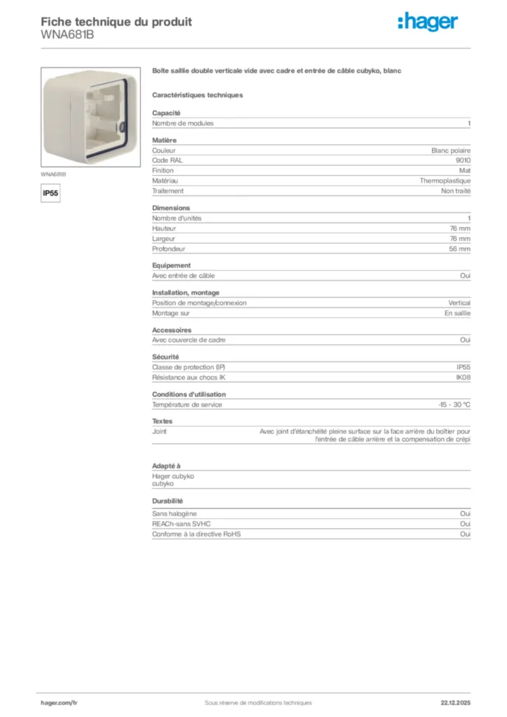 Image Hager Fiche technique du produit WNA681B | Hager France