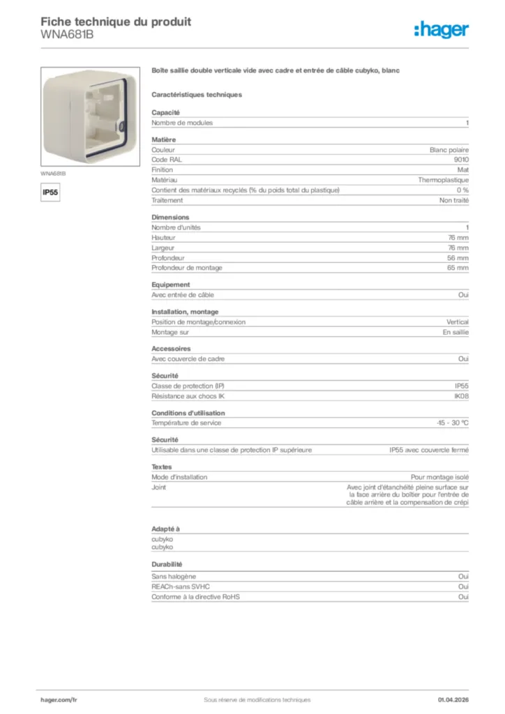 Image Hager Fiche technique du produit WNA681B | Hager France