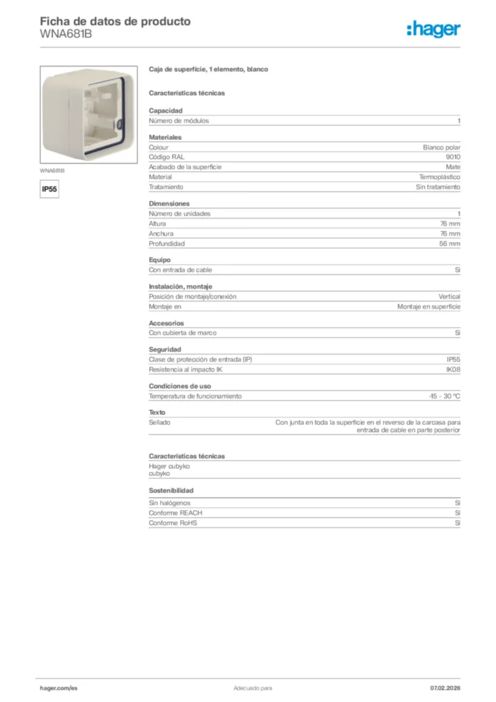 Imagen Hager Ficha de datos de producto WNA681B | Hager España