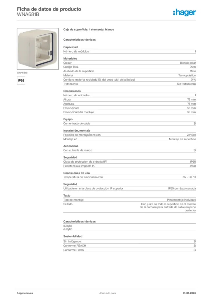 Imagen Hager Ficha de datos de producto WNA681B | Hager España