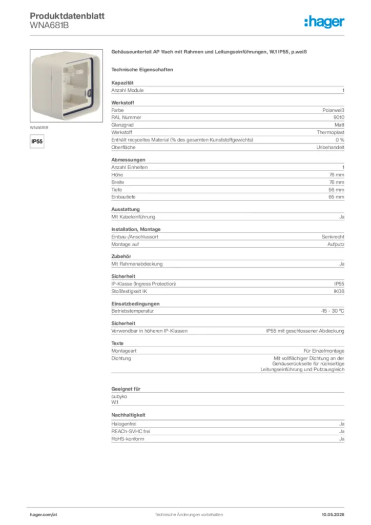 Bild Hager Produktdatenblatt WNA681B | Hager Deutschland