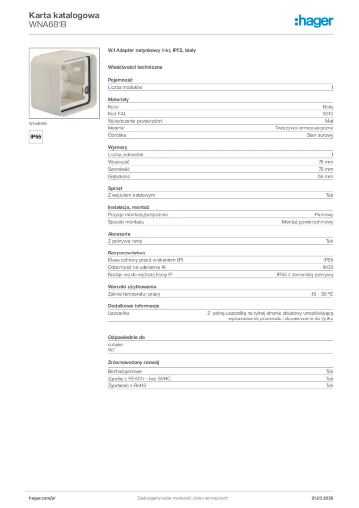 Zdjęcie Hager Karta katalogowa WNA681B | Hager Polska