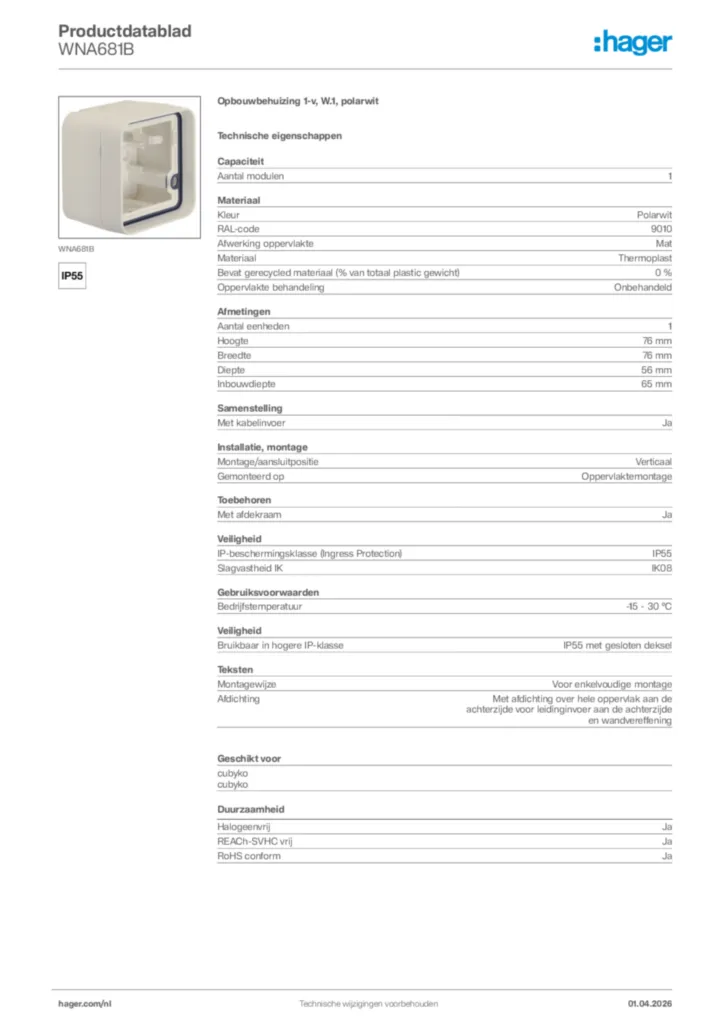 Afbeelding Hager Productdatablad WNA681B | Hager Nederland