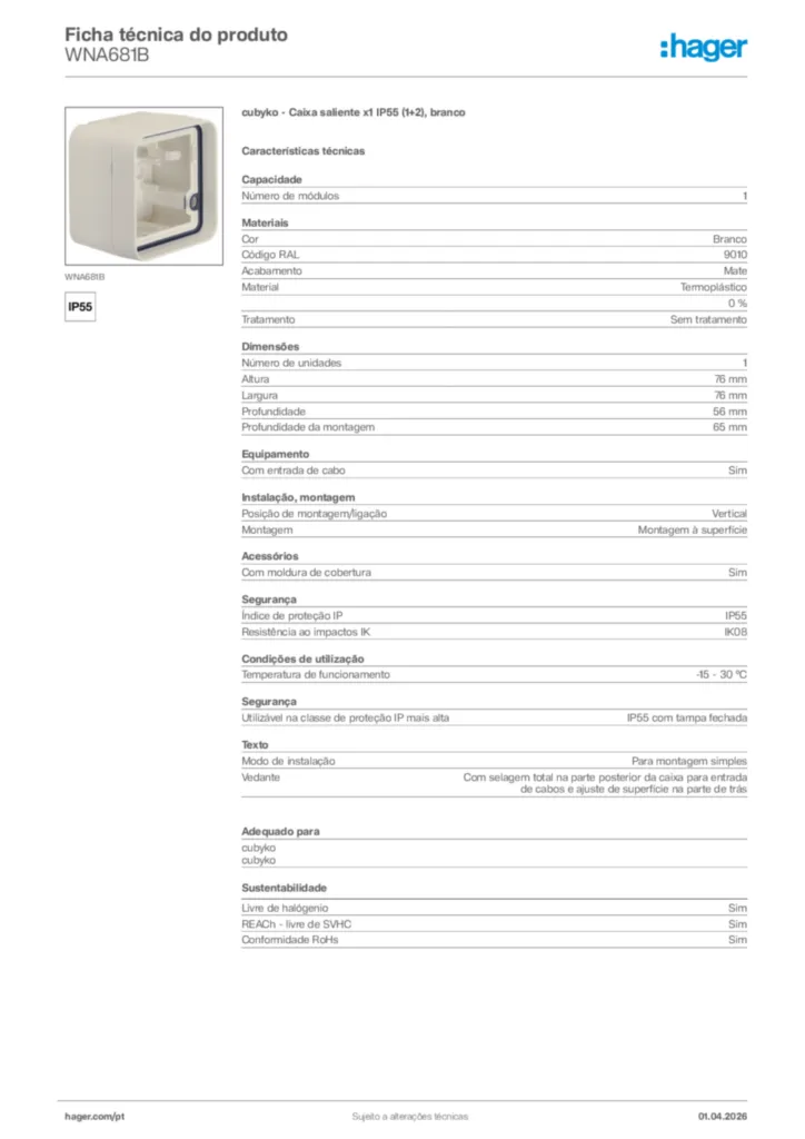 Imagem Hager Ficha técnica do produto WNA681B | Hager Portugal