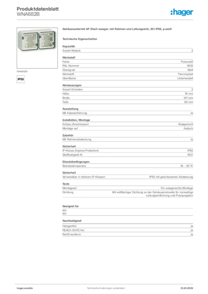 Bild Hager Produktdatenblatt WNA682B | Hager Deutschland
