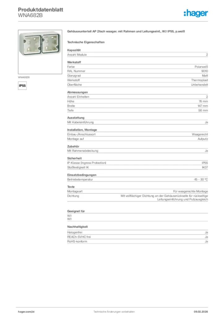 Bild Hager Produktdatenblatt WNA682B | Hager Deutschland