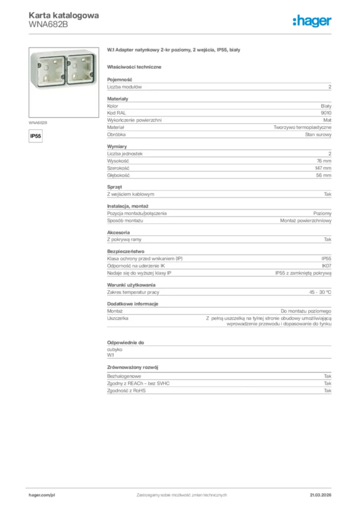Zdjęcie Hager Karta katalogowa WNA682B | Hager Polska