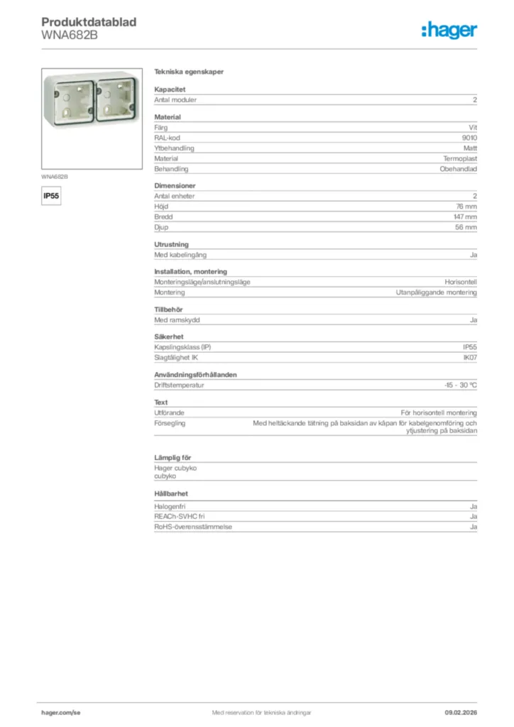 Bild Hager Produktdatablad WNA682B | Hager Sverige