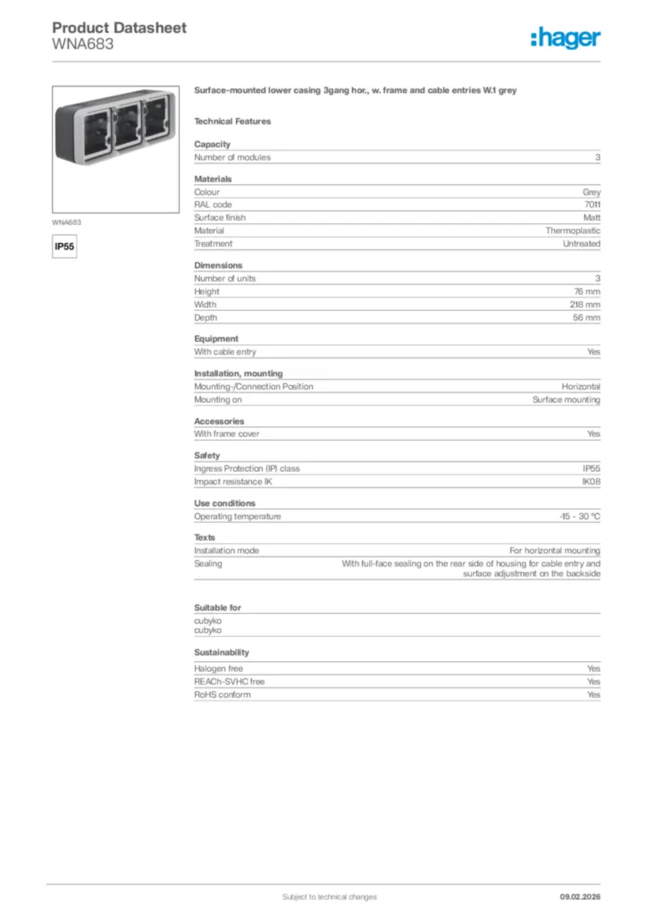 Image Hager Product data sheet WNA683  | Hager Africa