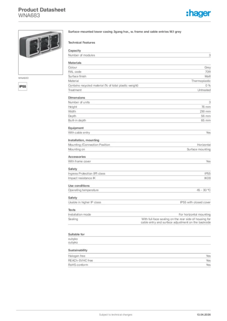 Image Hager Product data sheet WNA683  | Hager Africa