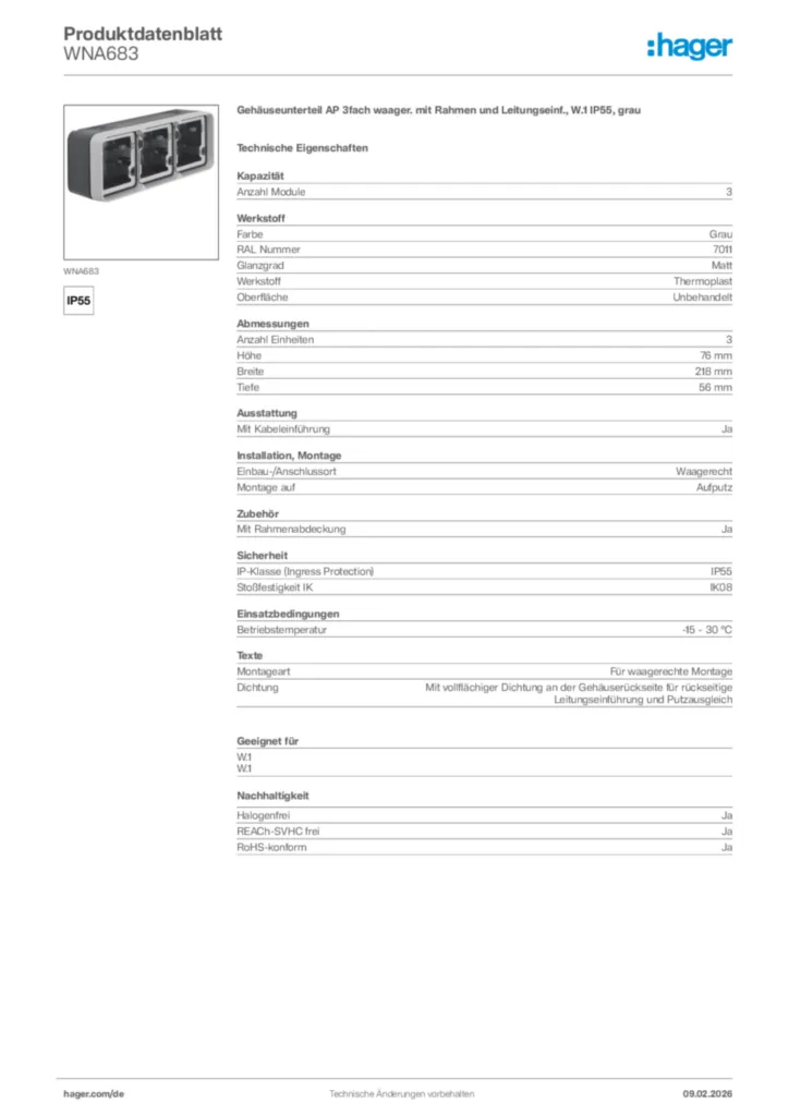 Bild Hager Produktdatenblatt WNA683 | Hager Deutschland