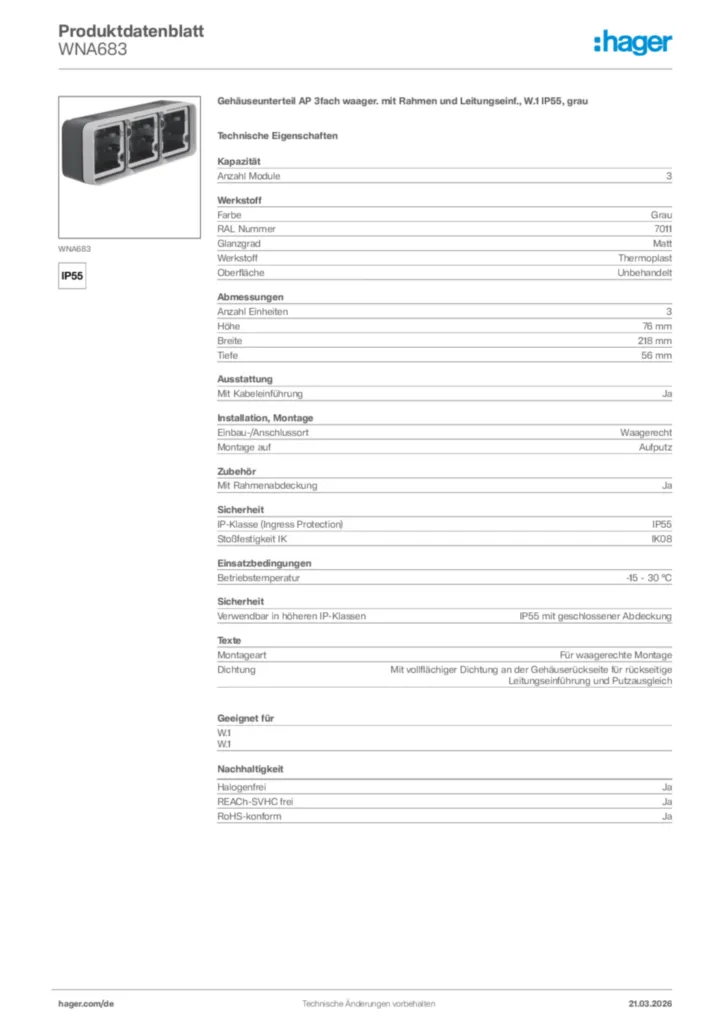 Bild Hager Produktdatenblatt WNA683 | Hager Deutschland