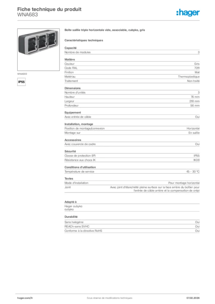 Image Hager Fiche technique du produit WNA683 | Hager France