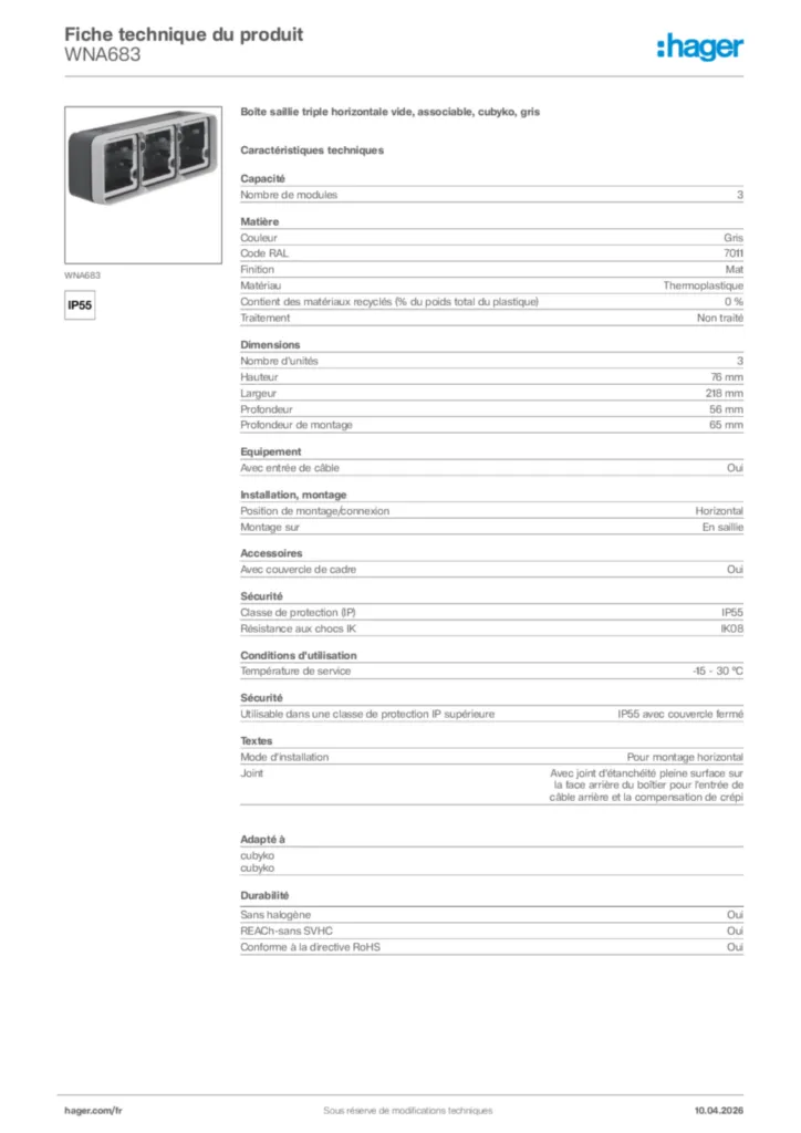 Image Hager Fiche technique du produit WNA683 | Hager France