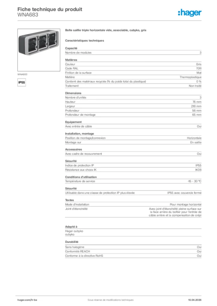 Image Hager Fiche technique du produit WNA683 | Hager Belgique