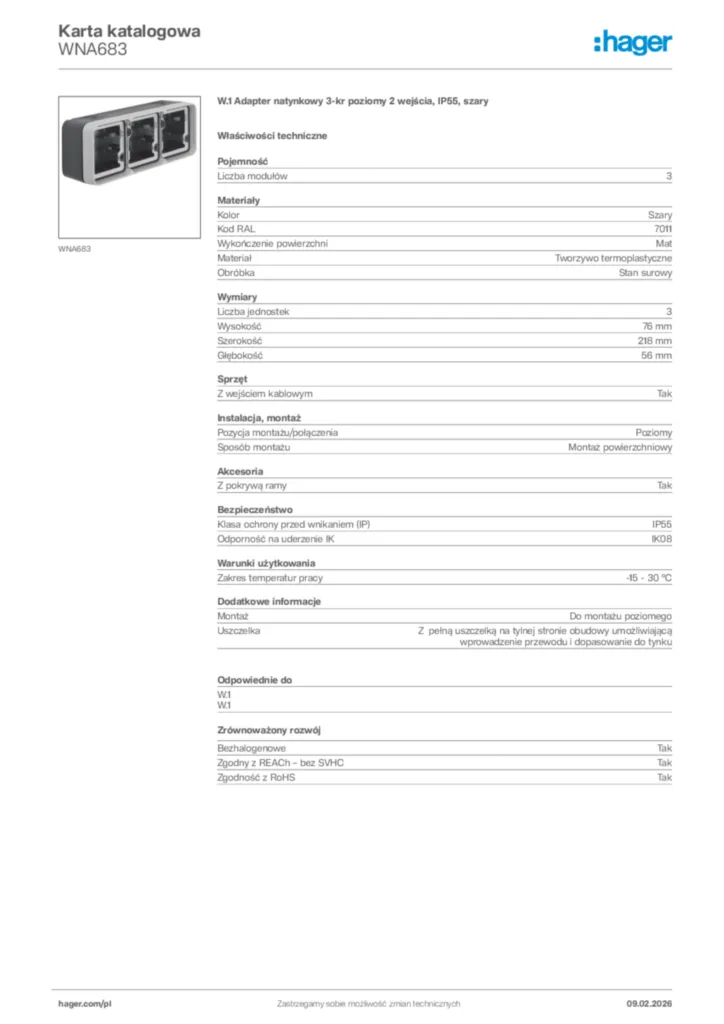 Zdjęcie Hager Karta katalogowa WNA683 | Hager Polska