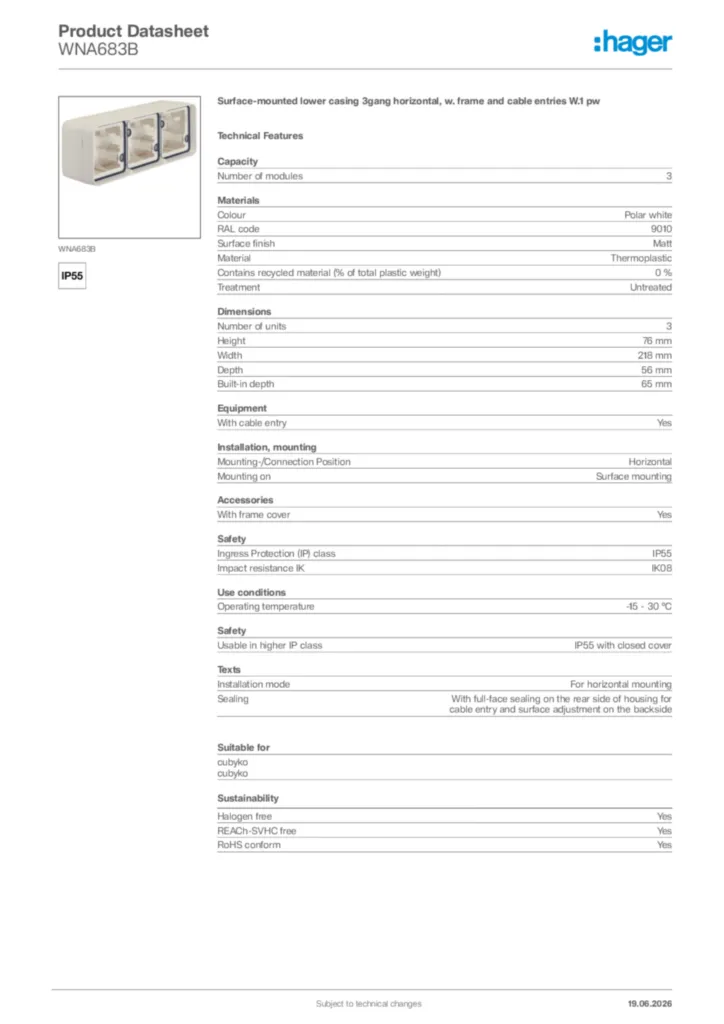 Image Hager Product data sheet WNA683B  | Hager Africa