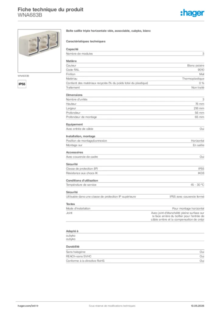 Image Hager Fiche technique du produit WNA683B | Hager Afrique