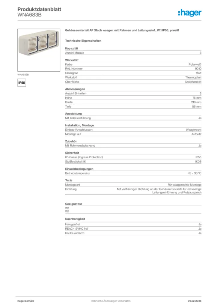 Bild Hager Produktdatenblatt WNA683B | Hager Deutschland