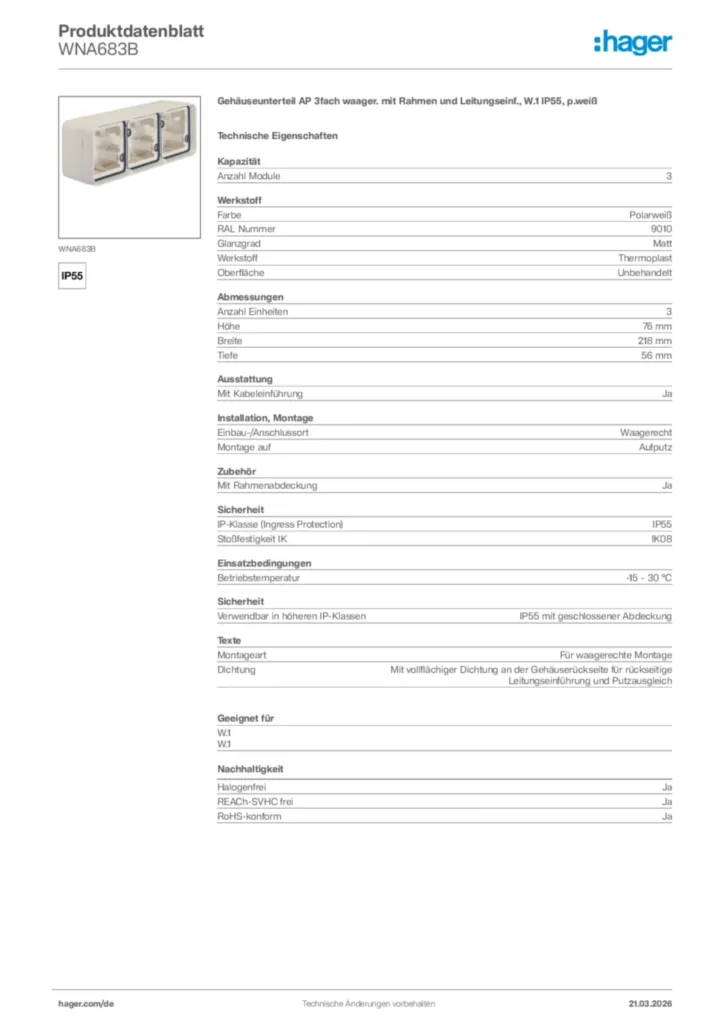 Bild Hager Produktdatenblatt WNA683B | Hager Deutschland
