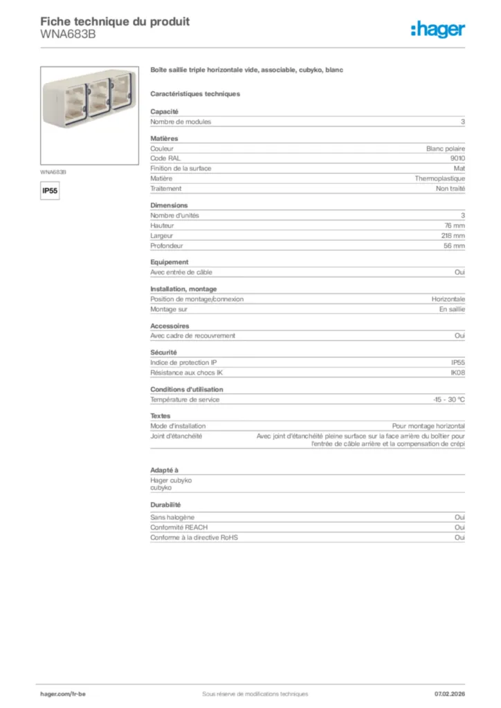 Image Hager Fiche technique du produit WNA683B | Hager Belgique