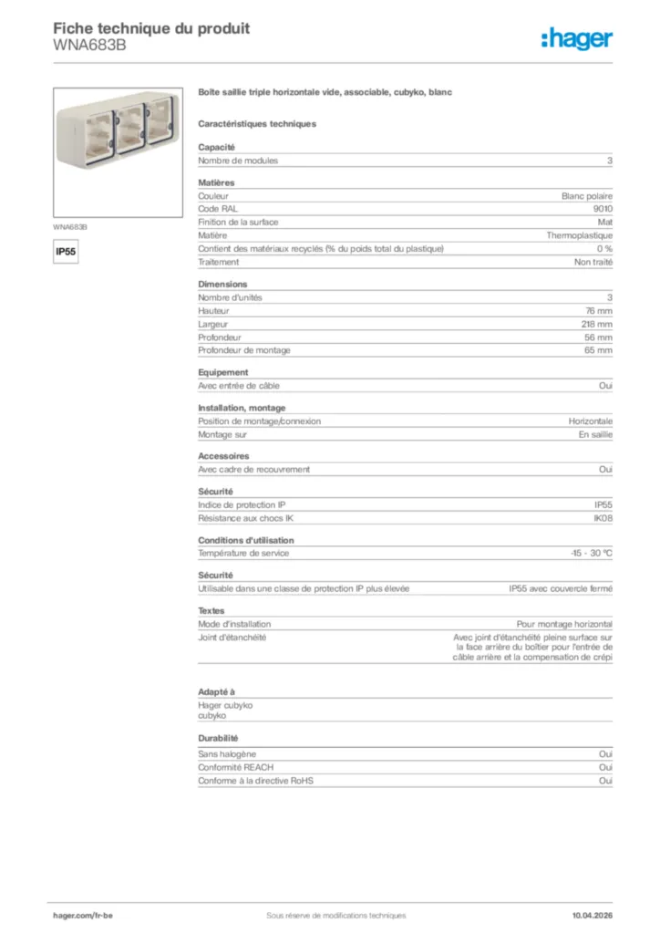 Image Hager Fiche technique du produit WNA683B | Hager Belgique