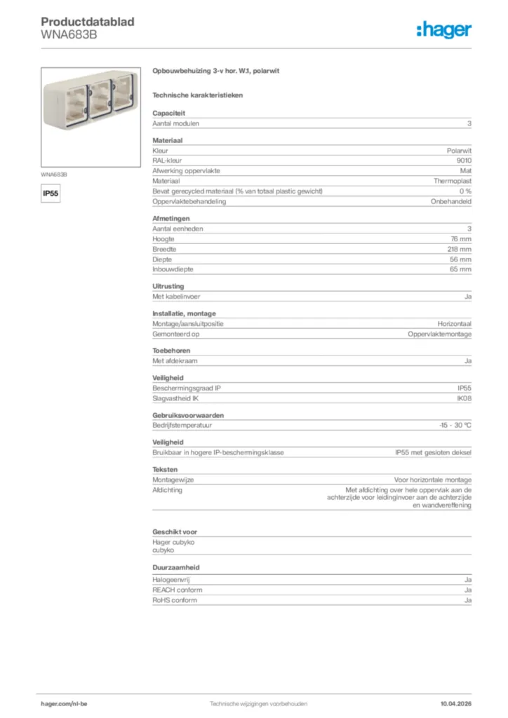 Afbeelding Hager Productdatablad WNA683B | Hager Belgium