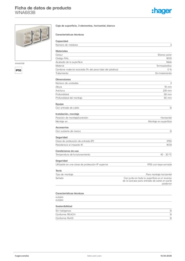 Imagen Hager Ficha de datos de producto WNA683B | Hager España