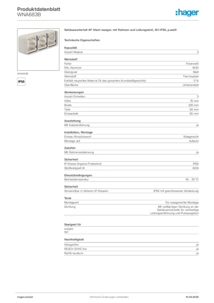 Bild Hager Produktdatenblatt WNA683B | Hager Deutschland