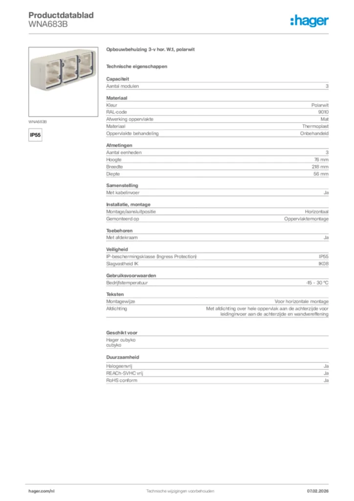 Afbeelding Hager Productdatablad WNA683B | Hager Nederland