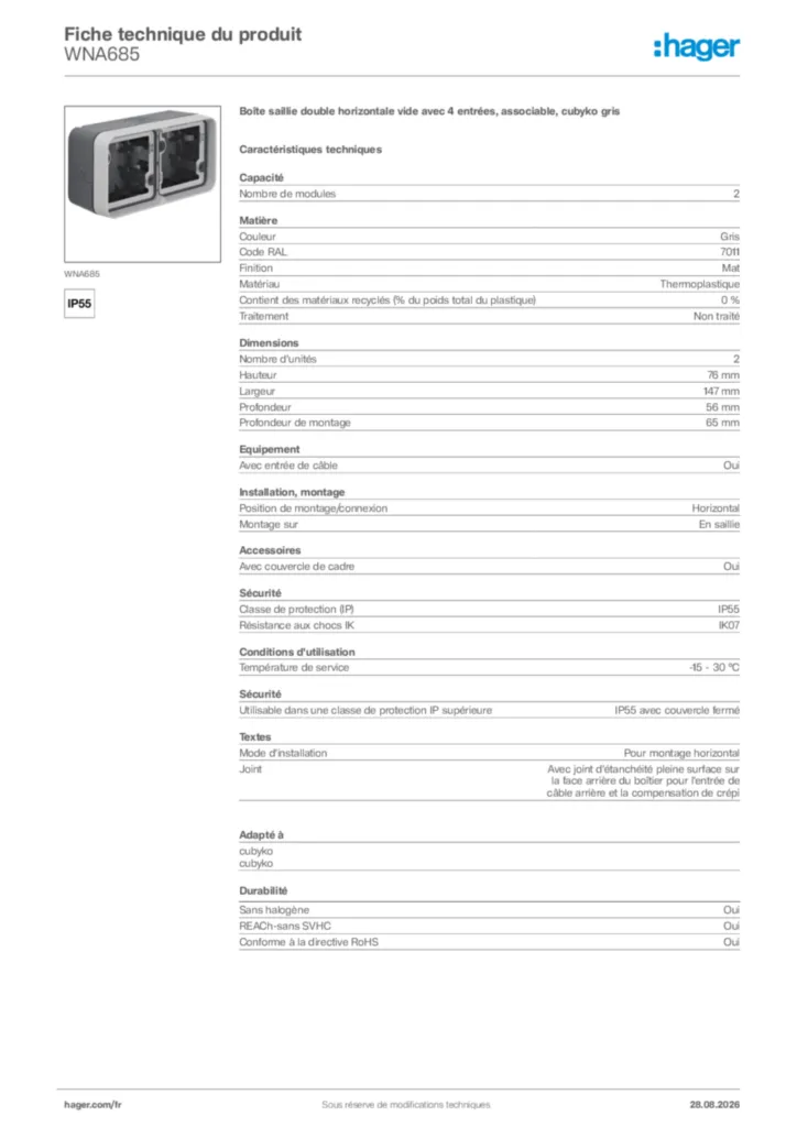 Image Hager Fiche technique du produit WNA685 | Hager France