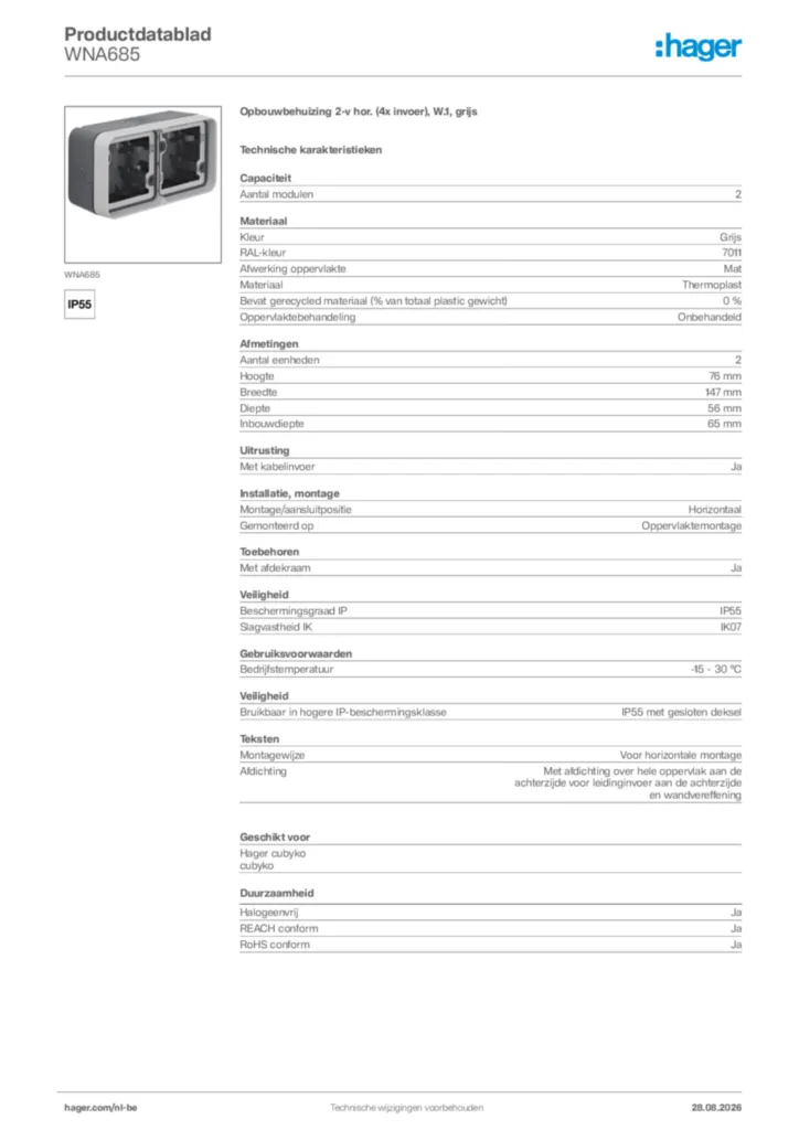 Afbeelding Hager Productdatablad WNA685 | Hager Belgium