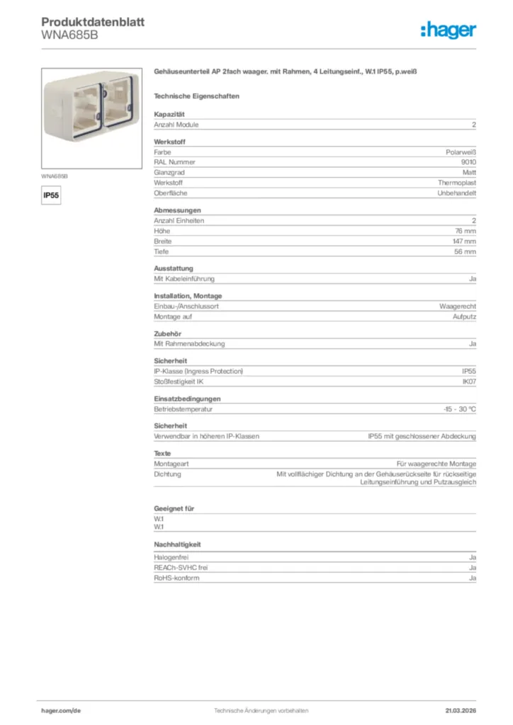 Bild Hager Produktdatenblatt WNA685B | Hager Deutschland