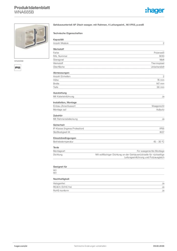 Bild Hager Produktdatenblatt WNA685B | Hager Deutschland