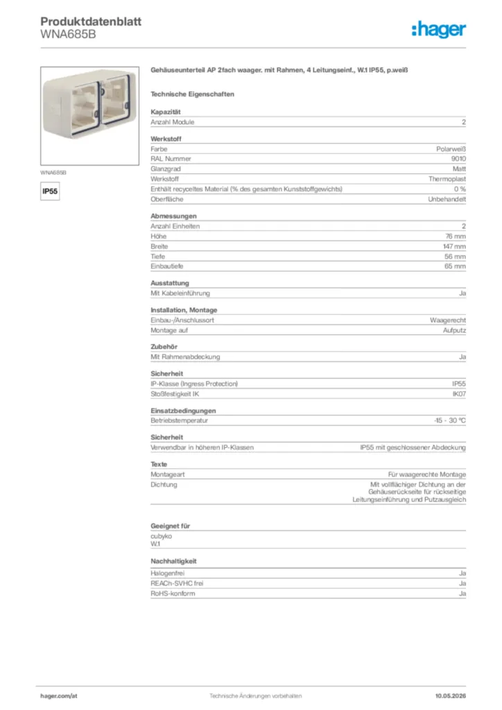 Bild Hager Produktdatenblatt WNA685B | Hager Deutschland