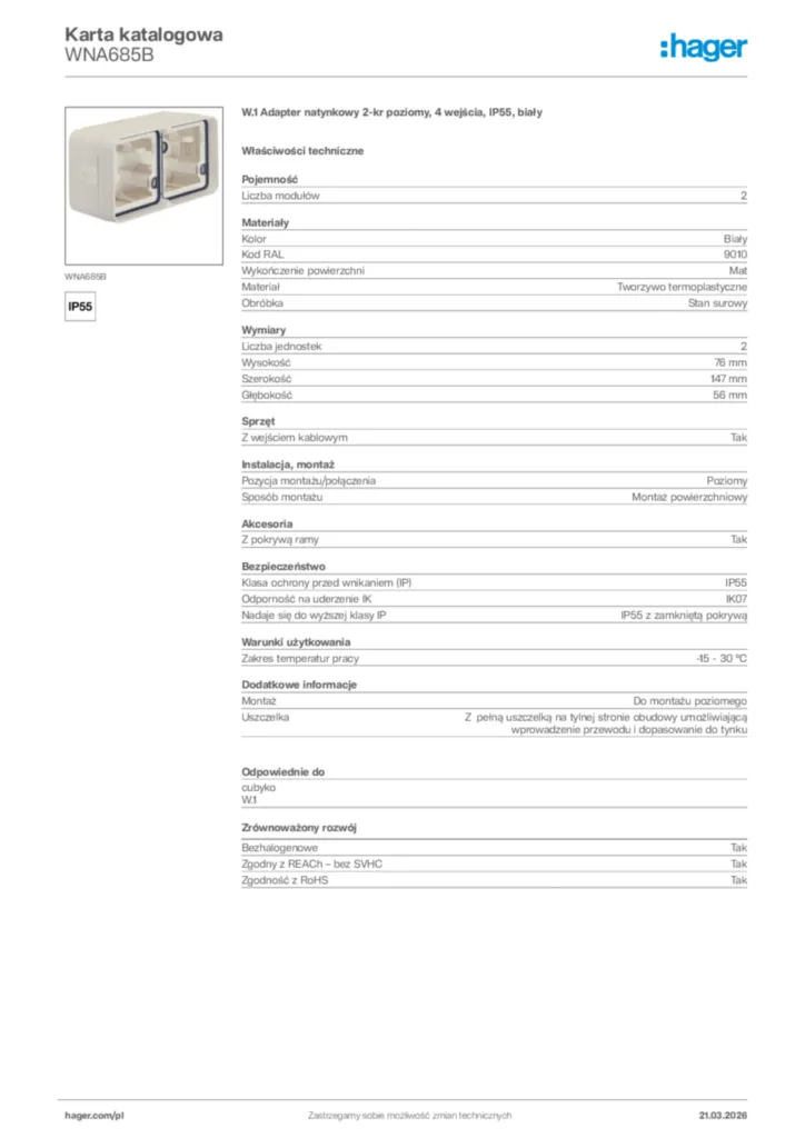 Zdjęcie Hager Karta katalogowa WNA685B | Hager Polska