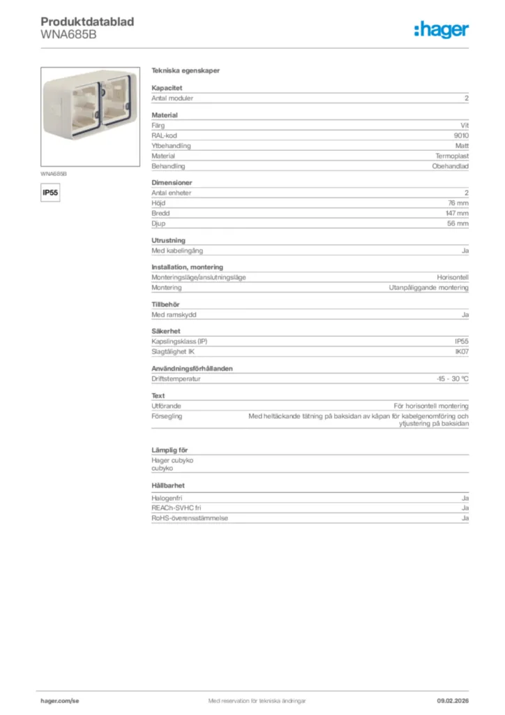 Bild Hager Produktdatablad WNA685B | Hager Sverige