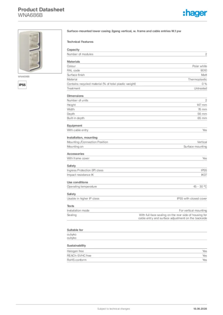 Image Hager Product data sheet WNA686B  | Hager Africa