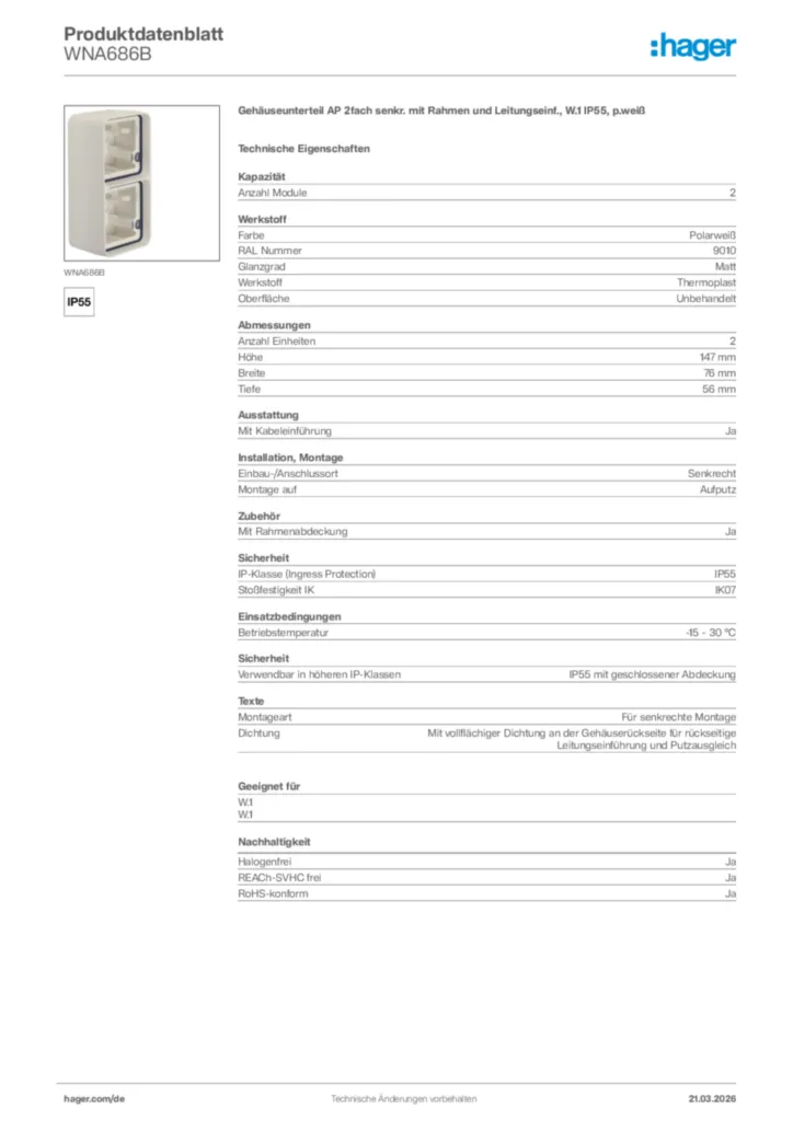 Bild Hager Produktdatenblatt WNA686B | Hager Deutschland