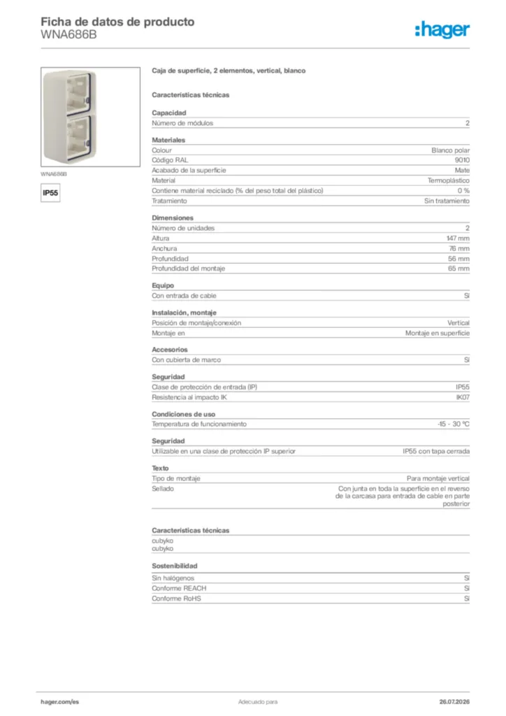 Imagen Hager Ficha de datos de producto WNA686B | Hager España