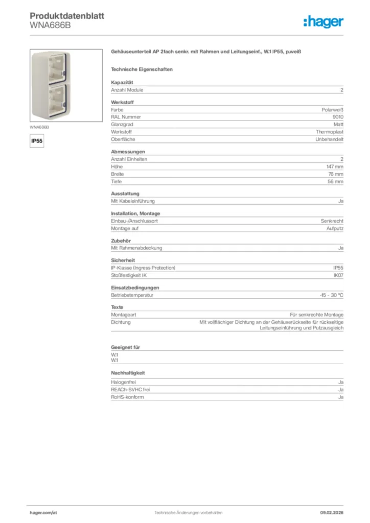 Bild Hager Produktdatenblatt WNA686B | Hager Deutschland
