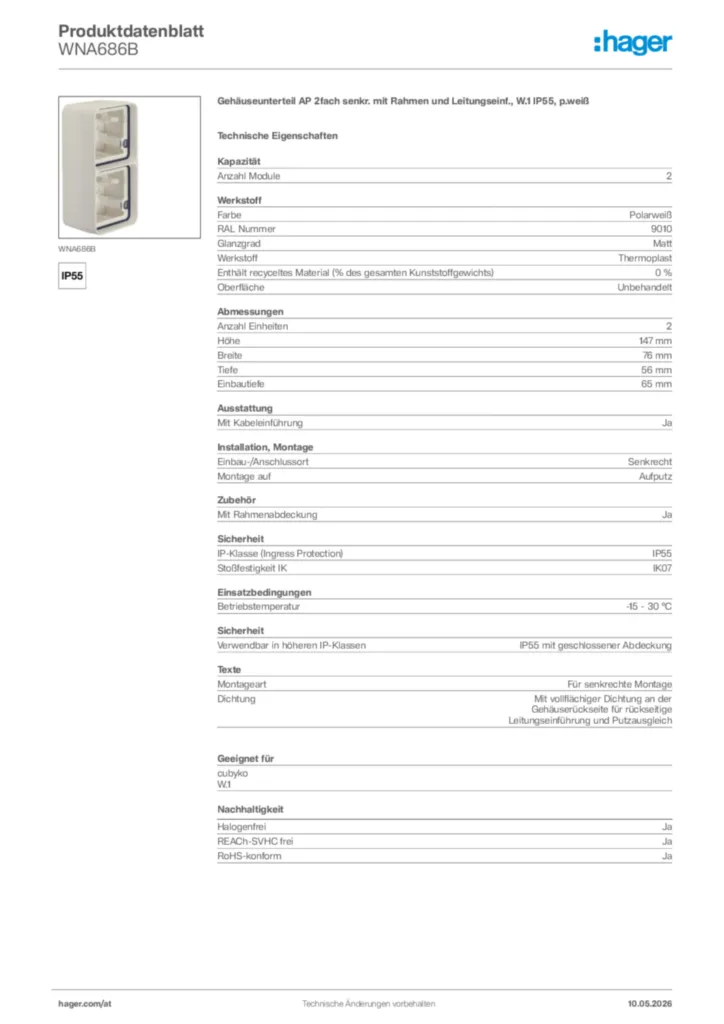 Bild Hager Produktdatenblatt WNA686B | Hager Deutschland