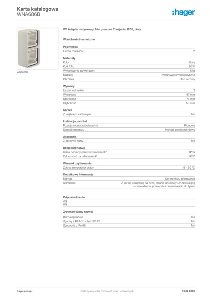 Zdjęcie Hager Karta katalogowa WNA686B | Hager Polska