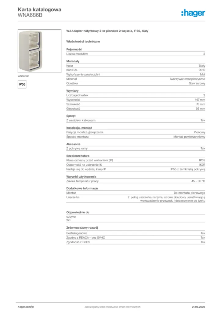 Zdjęcie Hager Karta katalogowa WNA686B | Hager Polska